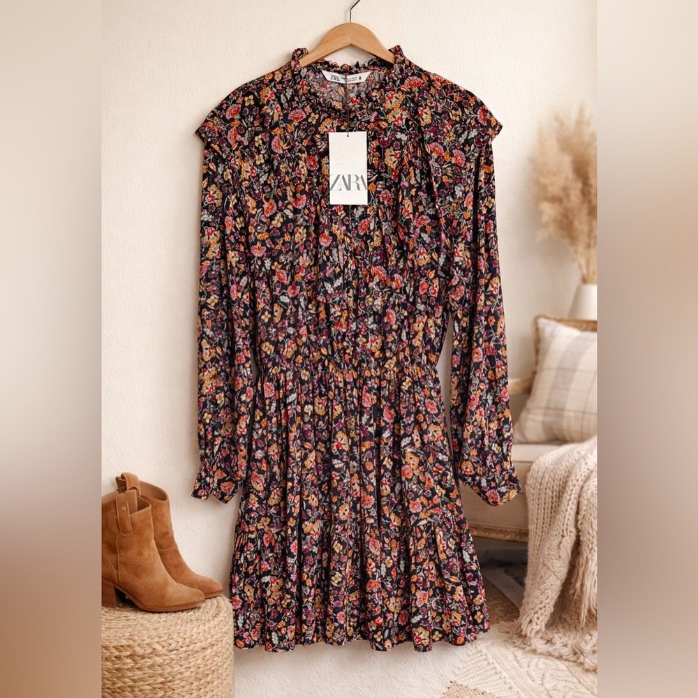 Zara Black Floral Long-Sleeve Tiered Midi Dress with Red and Yellow Accents